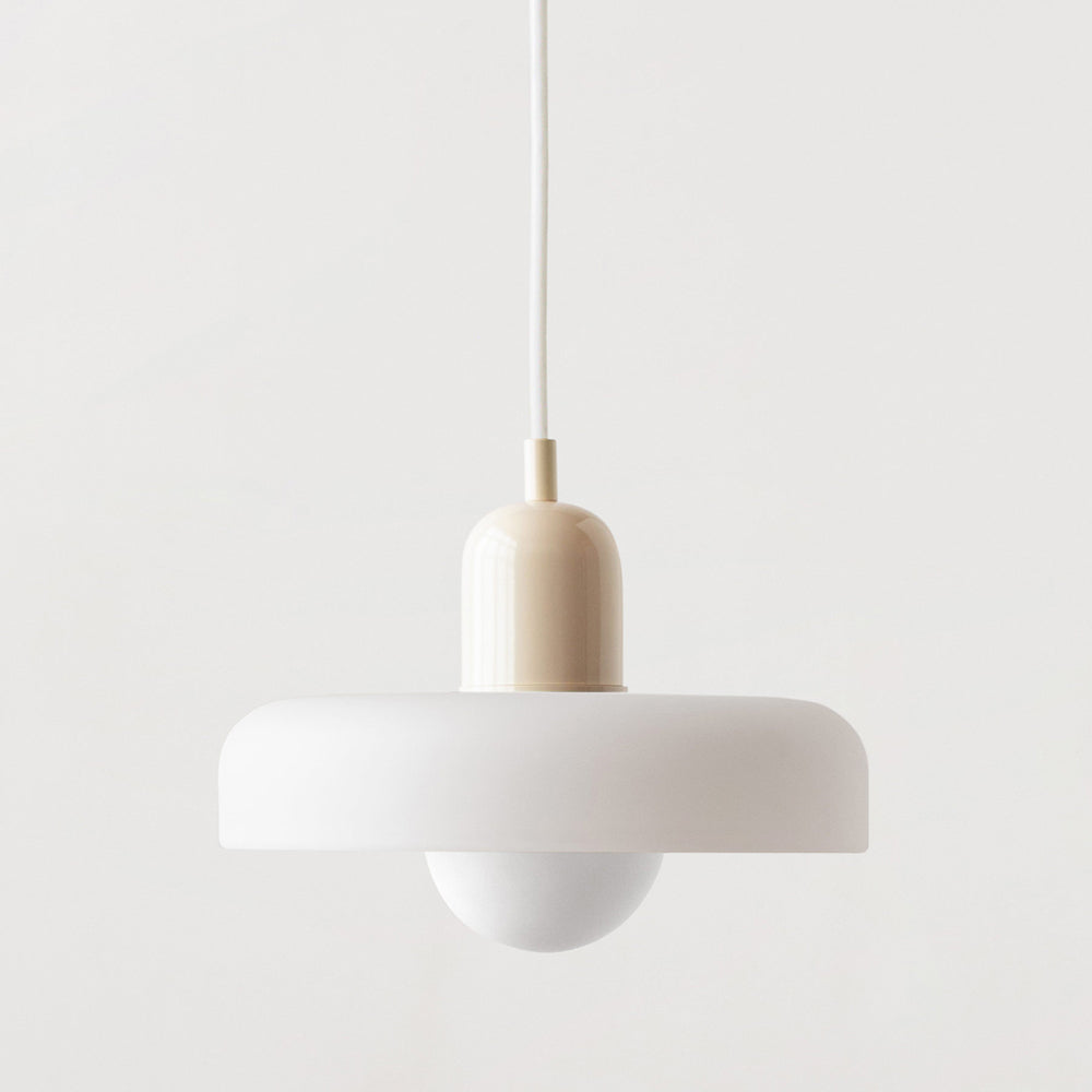 Hanging glass ceiling lamp with annular ring shade