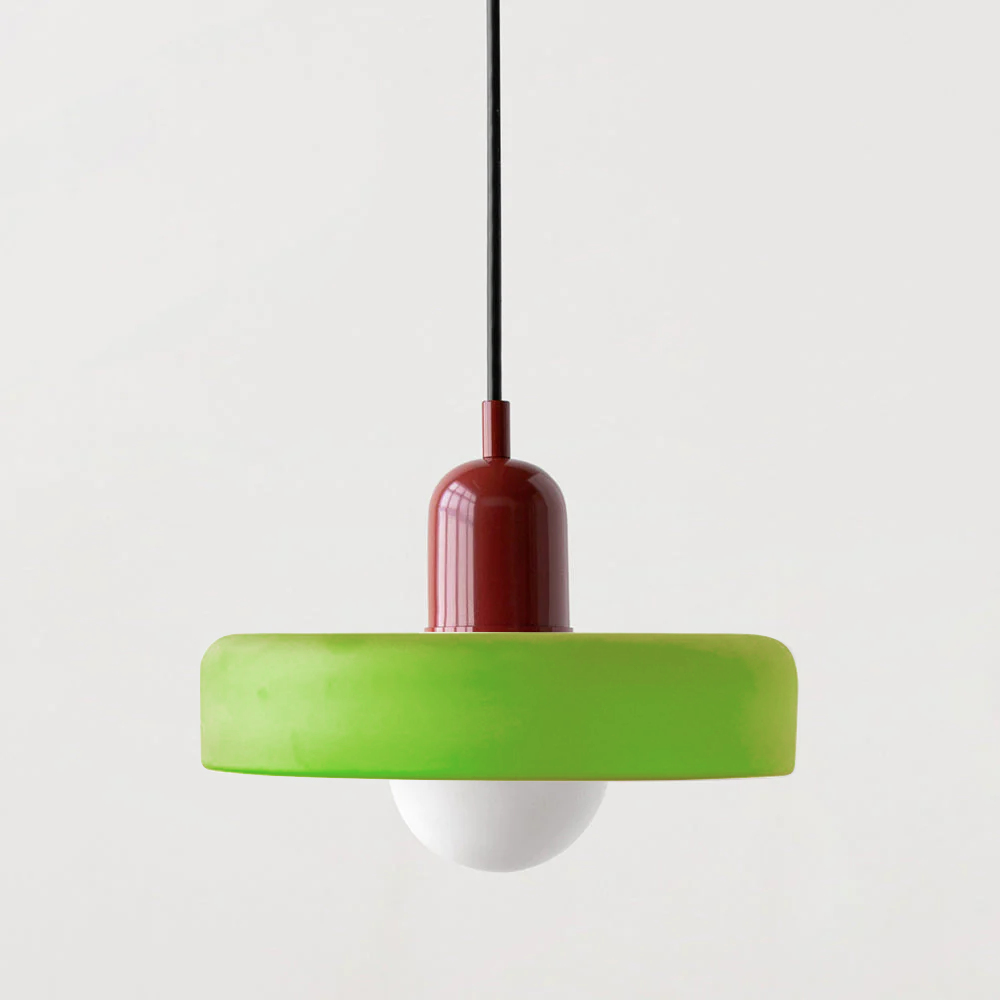 Hanging glass ceiling lamp with annular ring shade