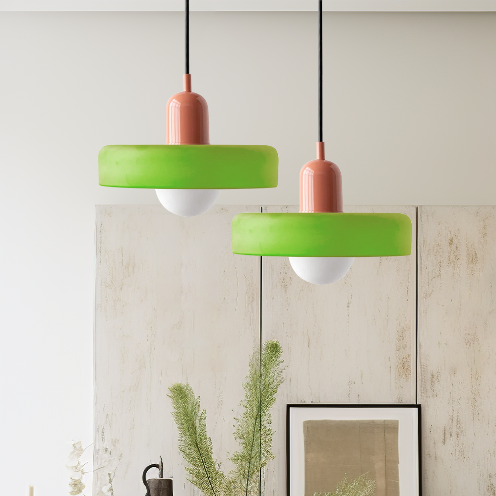 Hanging glass ceiling lamp with annular ring shade