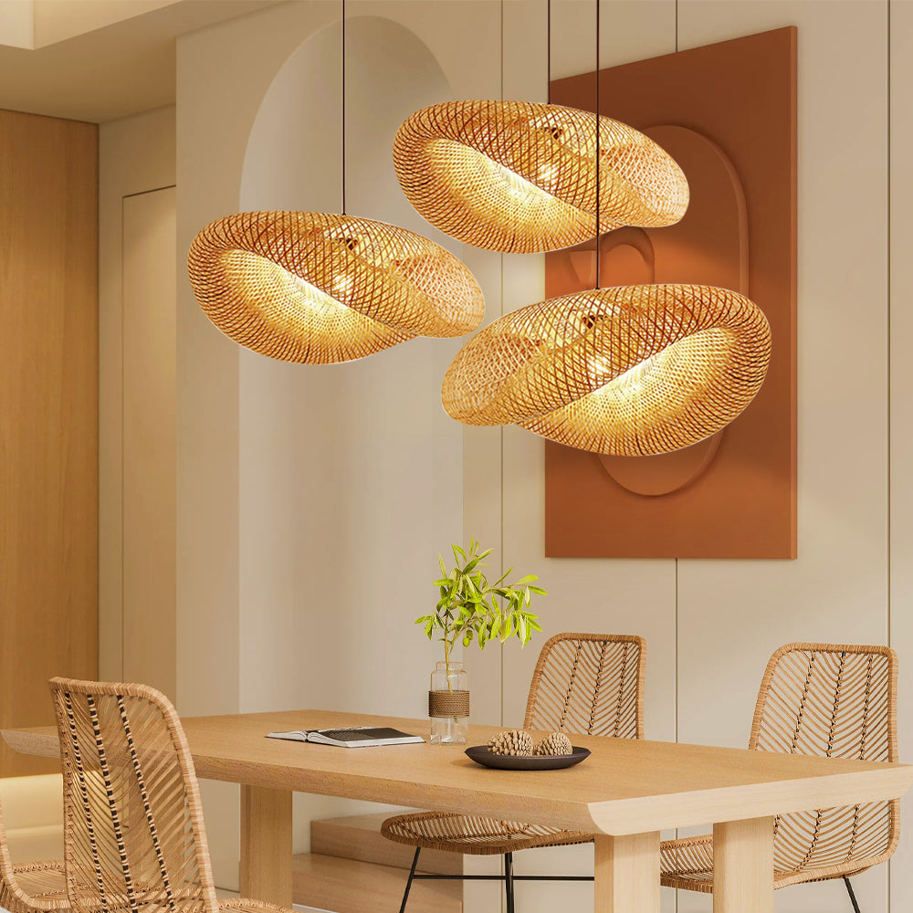 Hanging lamp with twisted woven bamboo structure