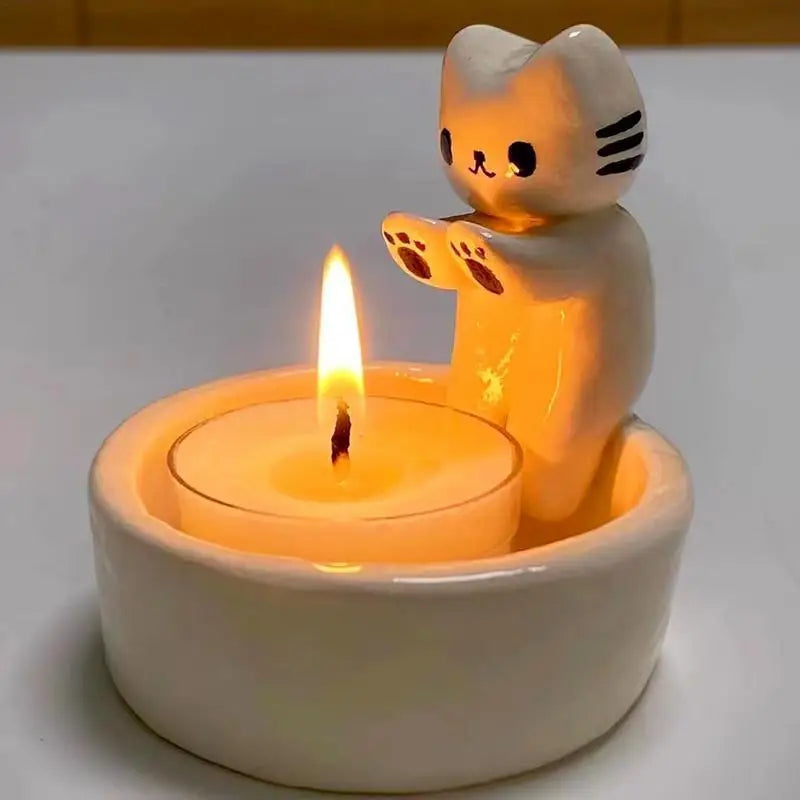 Whimsical Cat Tealight Candle Holder with Round Dish