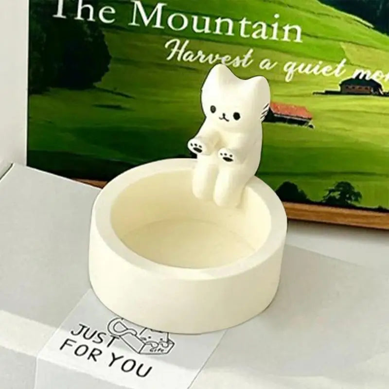 Whimsical Cat Tealight Candle Holder with Round Dish