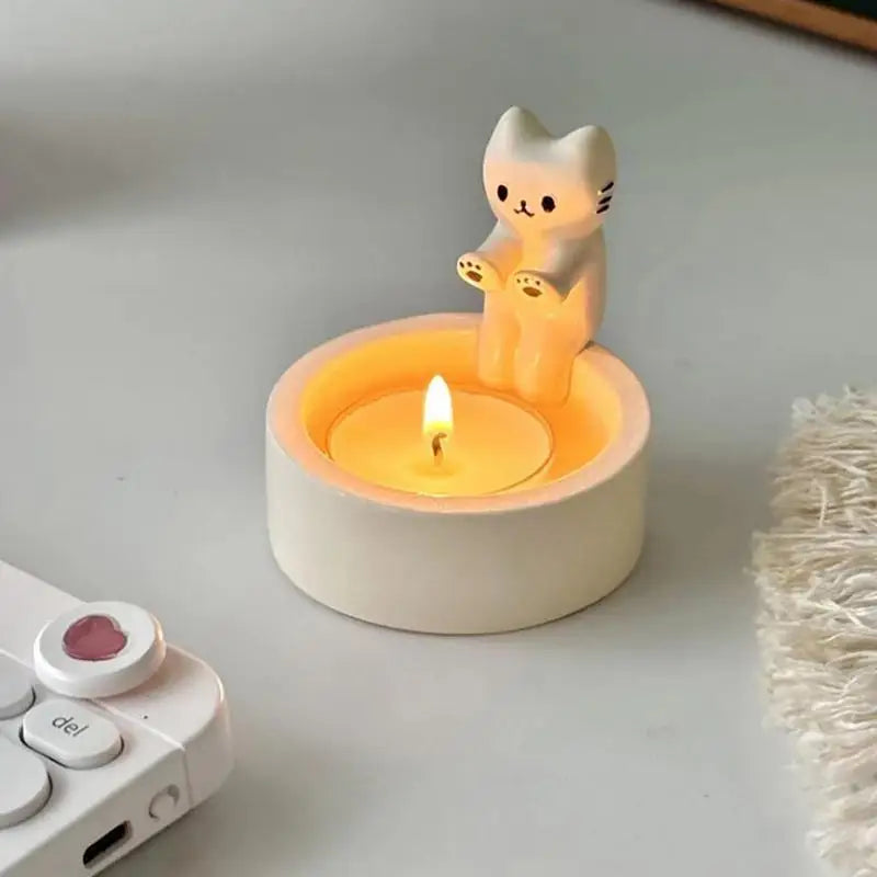 Whimsical Cat Tealight Candle Holder with Round Dish