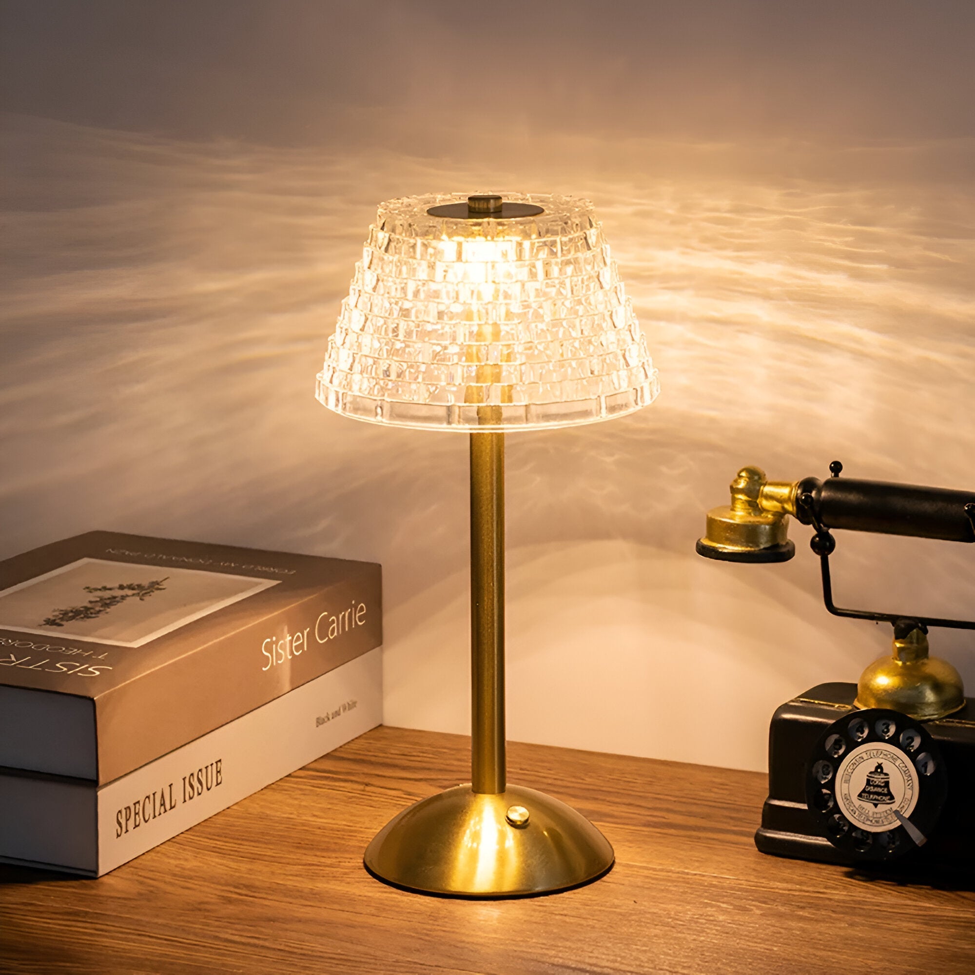 Cordless LED Table Lamp with Textured Clear Shade and Metal Stand