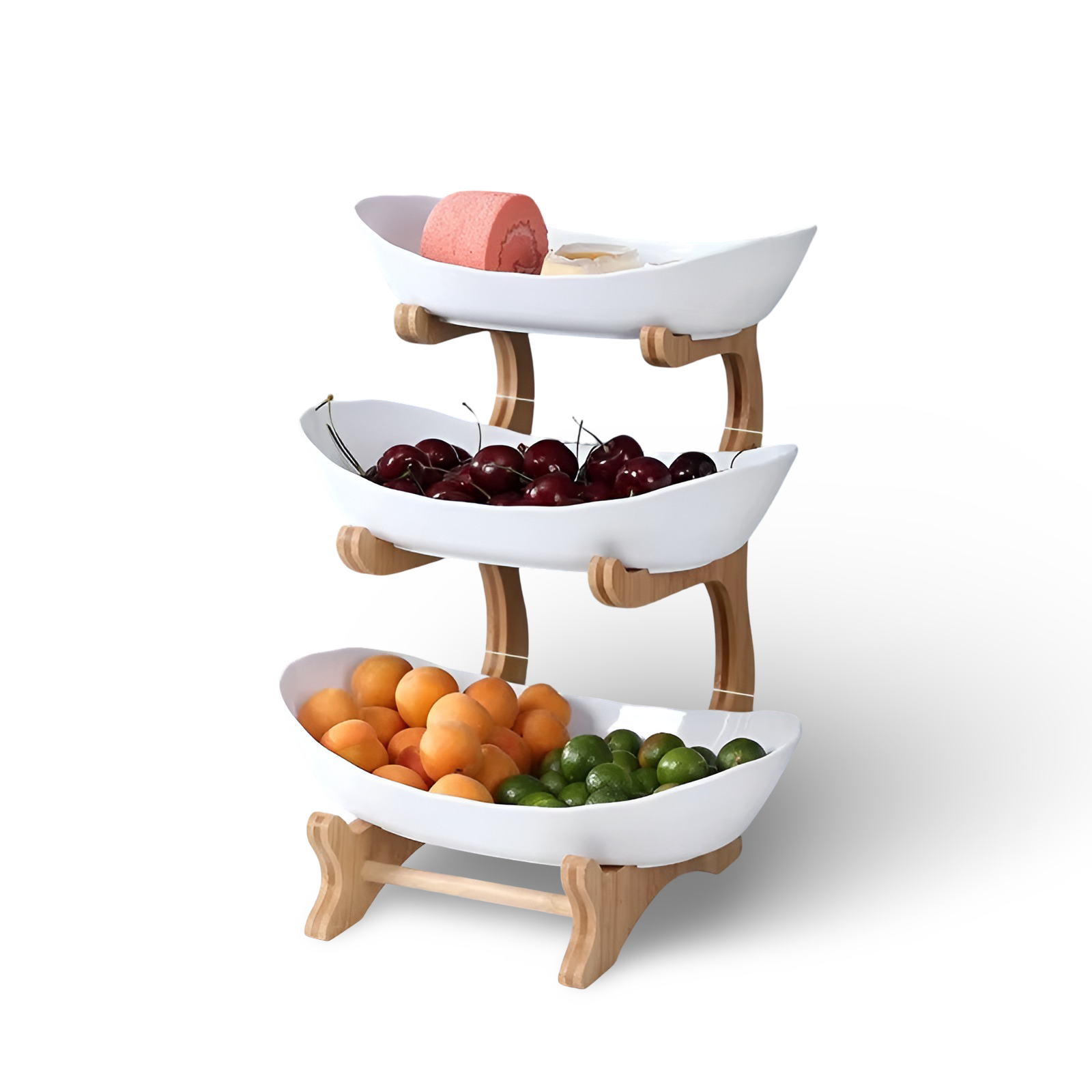Multi Tier Fruit Bowl with Wooden Stand and Trays