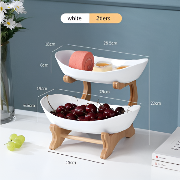 Multi Tier Fruit Bowl with Wooden Stand and Trays