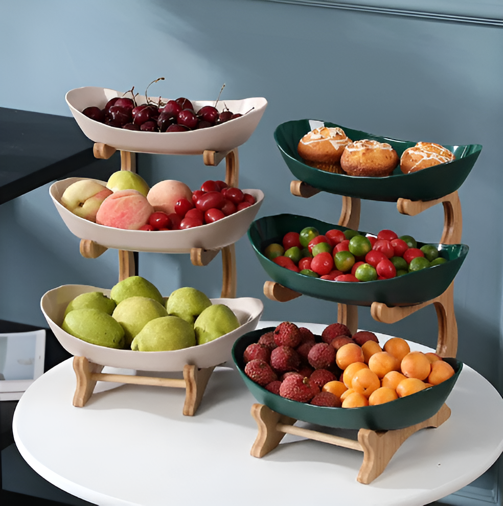 Multi Tier Fruit Bowl with Wooden Stand and Trays