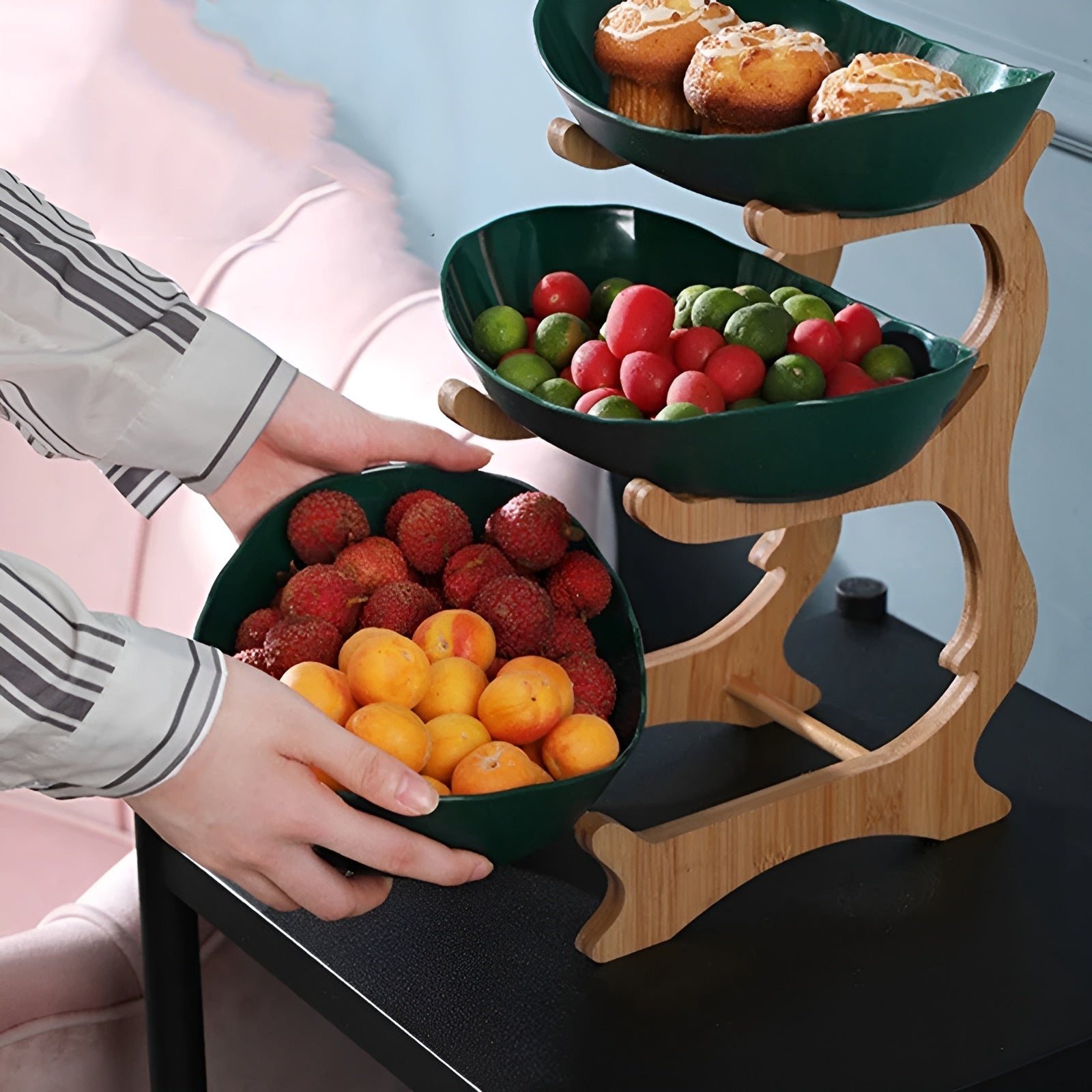 Multi Tier Fruit Bowl with Wooden Stand and Trays