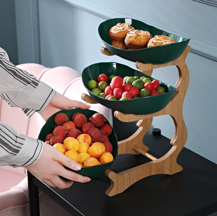 Multi Tier Fruit Bowl with Wooden Stand and Trays