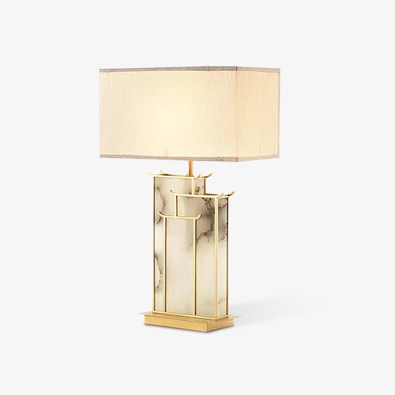 Rectangular Glass Table Lamp with Metal Frame and Fabric Shade