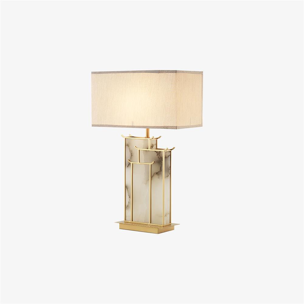 Rectangular Glass Table Lamp with Metal Frame and Fabric Shade