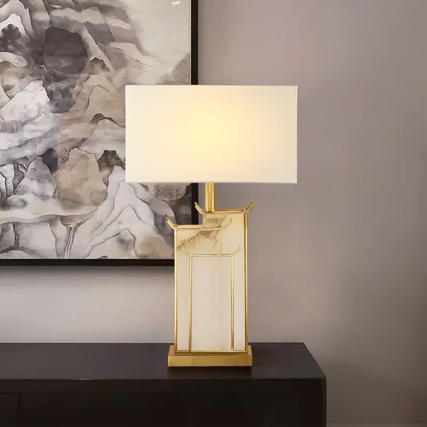 Rectangular Glass Table Lamp with Metal Frame and Fabric Shade