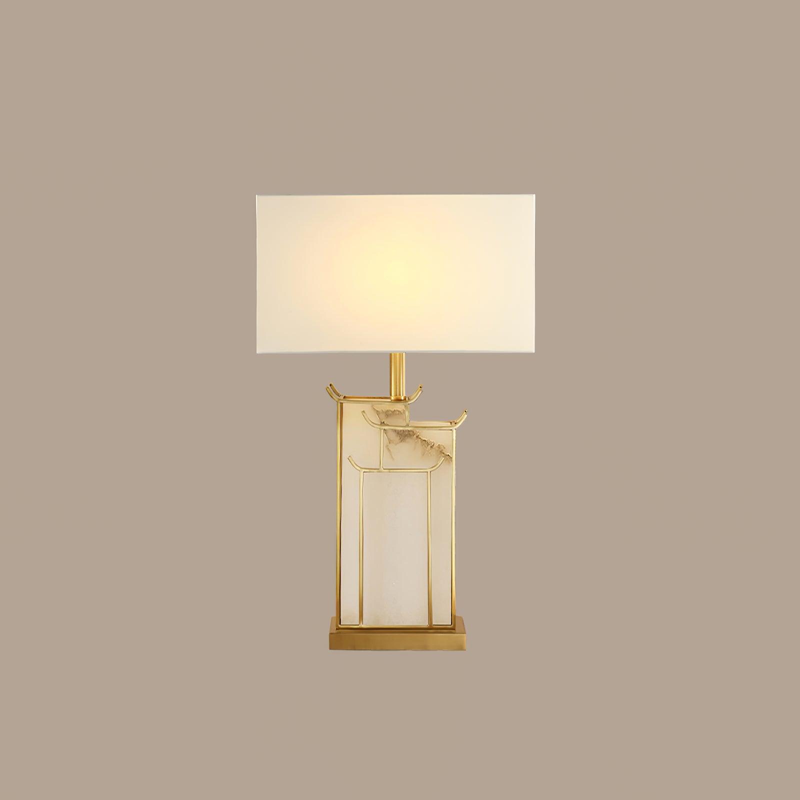 Rectangular Glass Table Lamp with Metal Frame and Fabric Shade