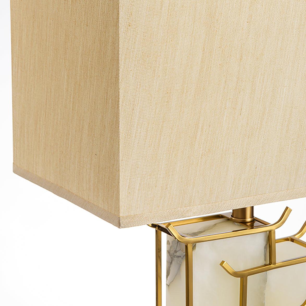 Rectangular Glass Table Lamp with Metal Frame and Fabric Shade