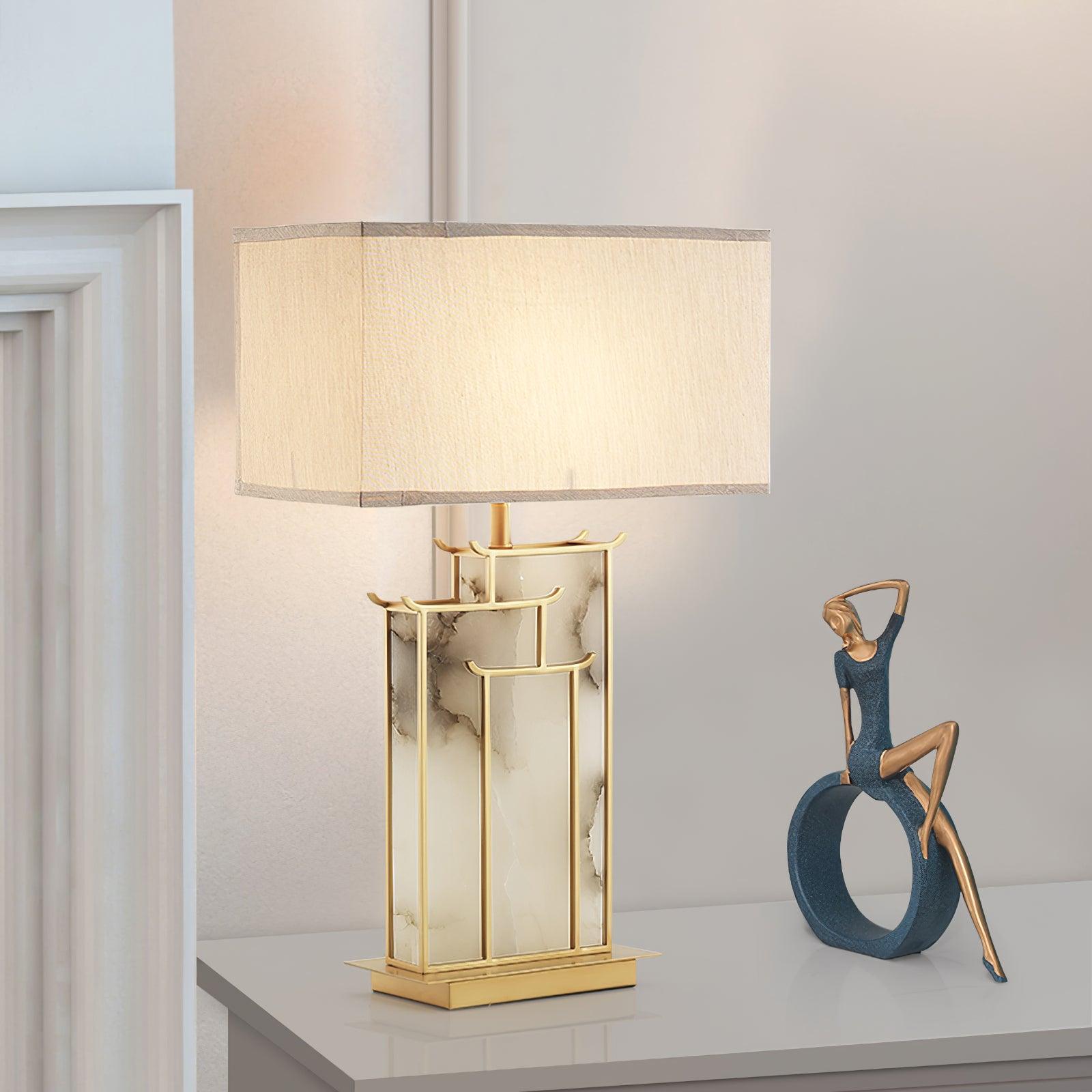 Rectangular Glass Table Lamp with Metal Frame and Fabric Shade