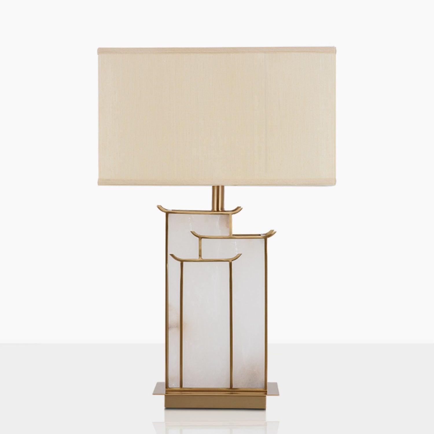 Rectangular Glass Table Lamp with Metal Frame and Fabric Shade