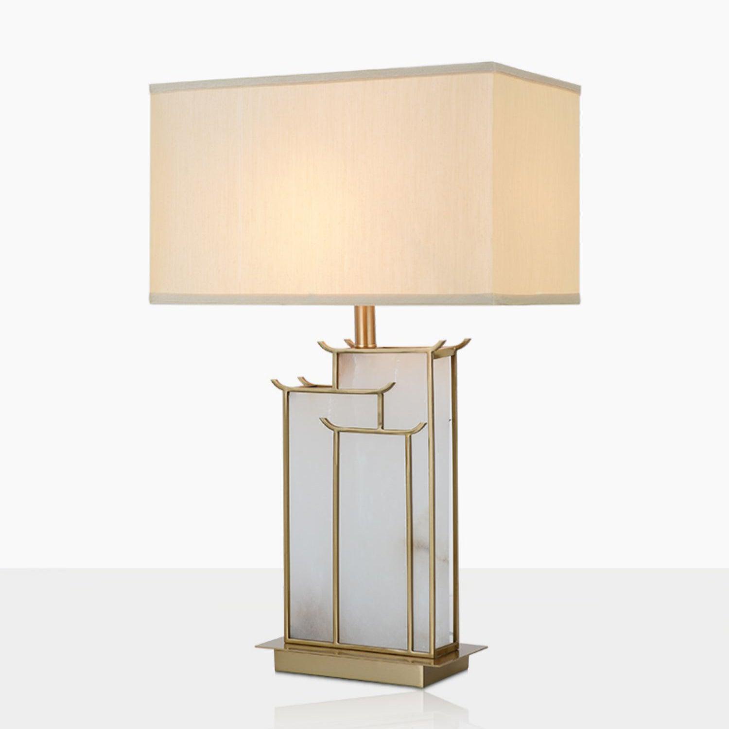 Rectangular Glass Table Lamp with Metal Frame and Fabric Shade