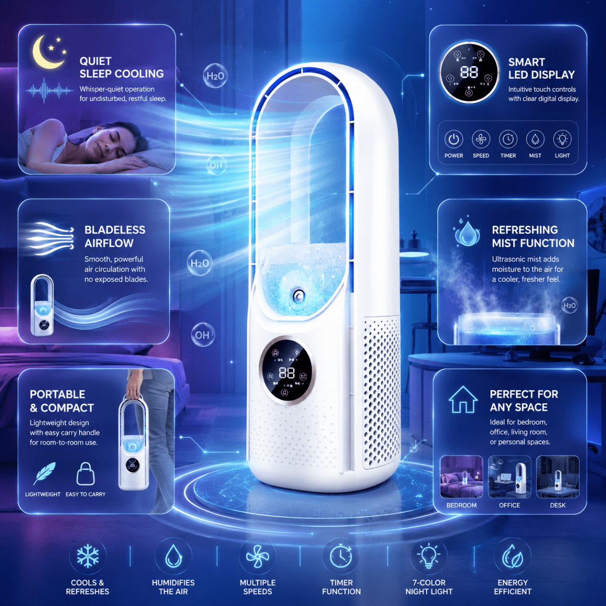 Bladeless Tower Air Cooler – Ultra-Quiet Fan for Bedroom & Home Office