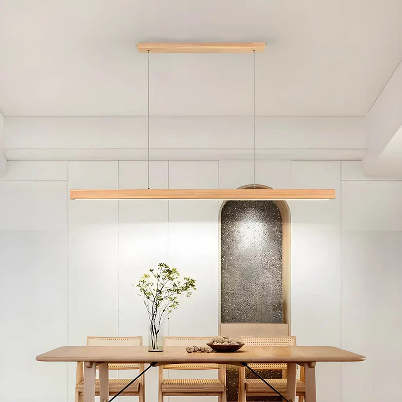 Linear wooden LED pendant light with slim bar shade