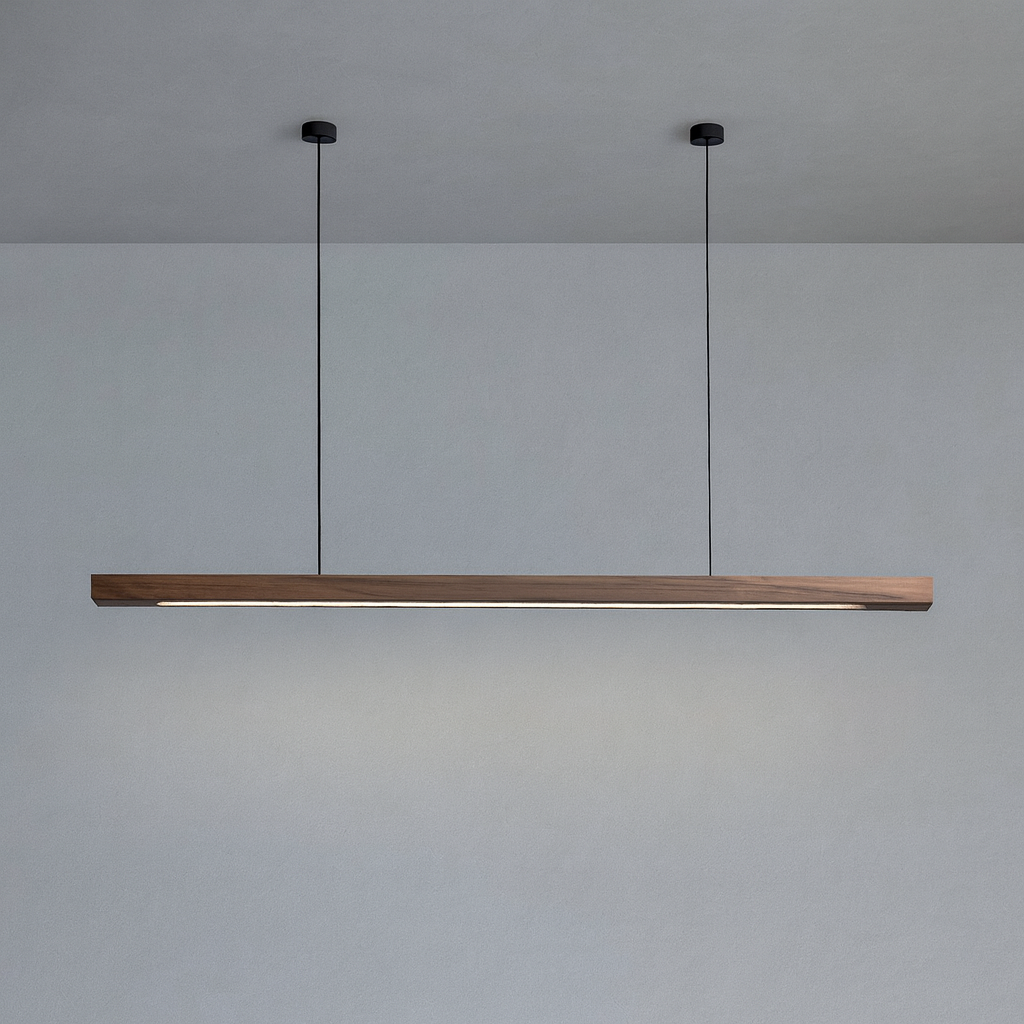 Linear wooden LED pendant light with slim bar shade
