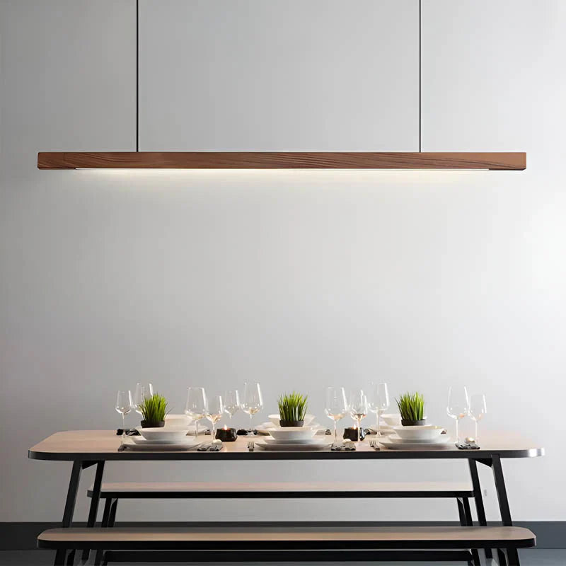Linear wooden LED pendant light with slim bar shade