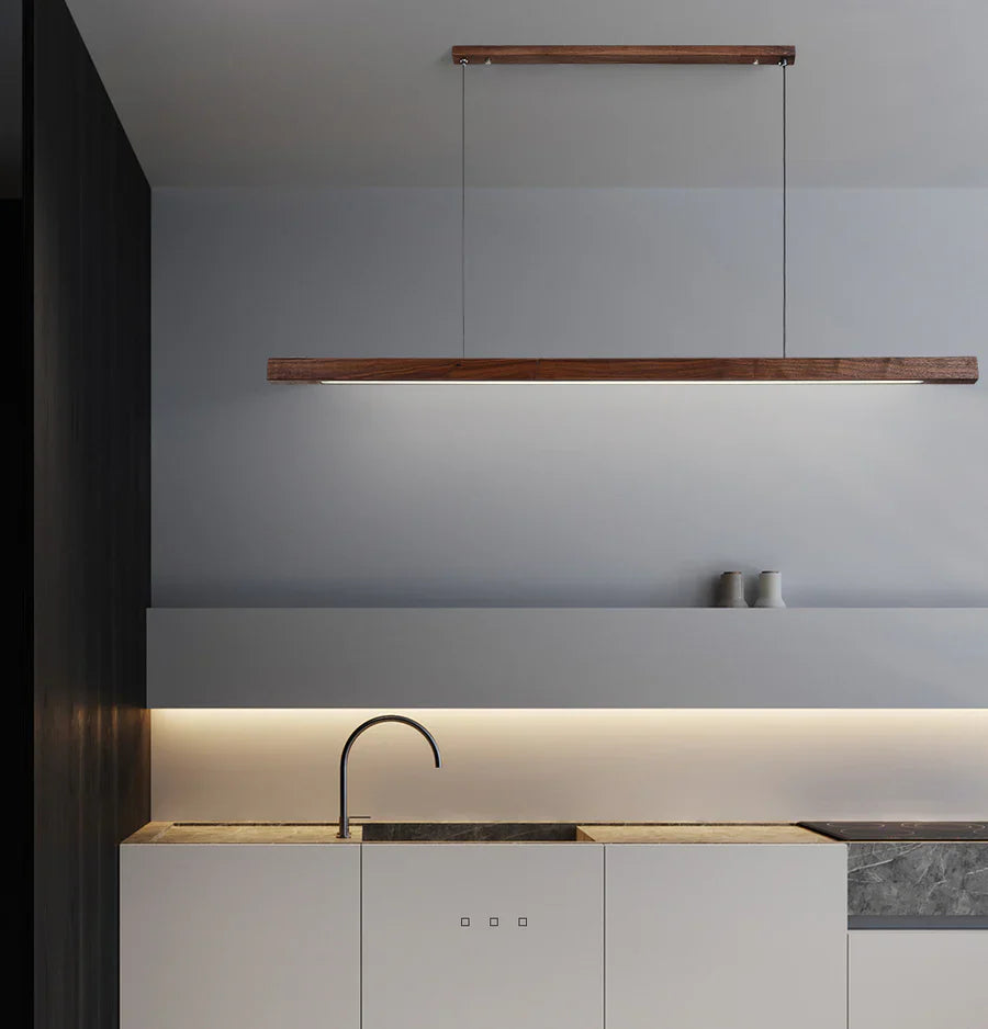 Linear wooden LED pendant light with slim bar shade