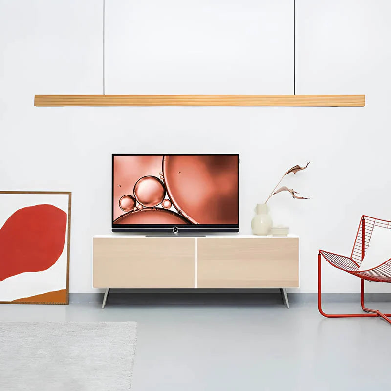 Linear wooden LED pendant light with slim bar shade