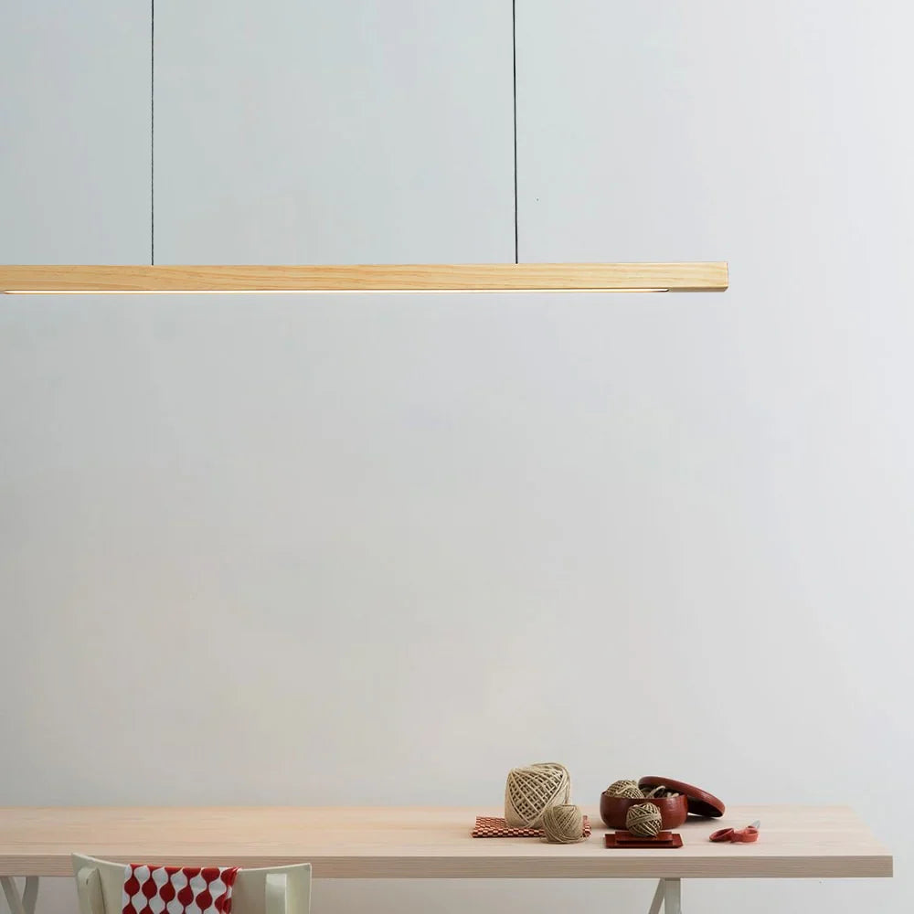 Linear wooden LED pendant light with slim bar shade