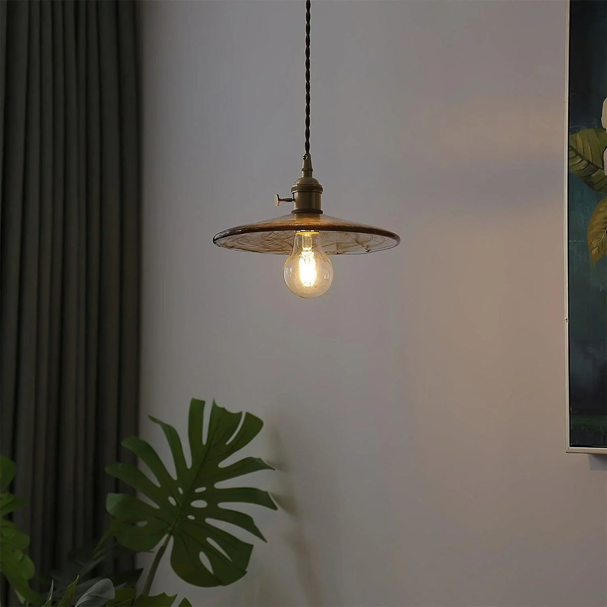 Mid Century Brass Pendant Light with Curved Glass Shade