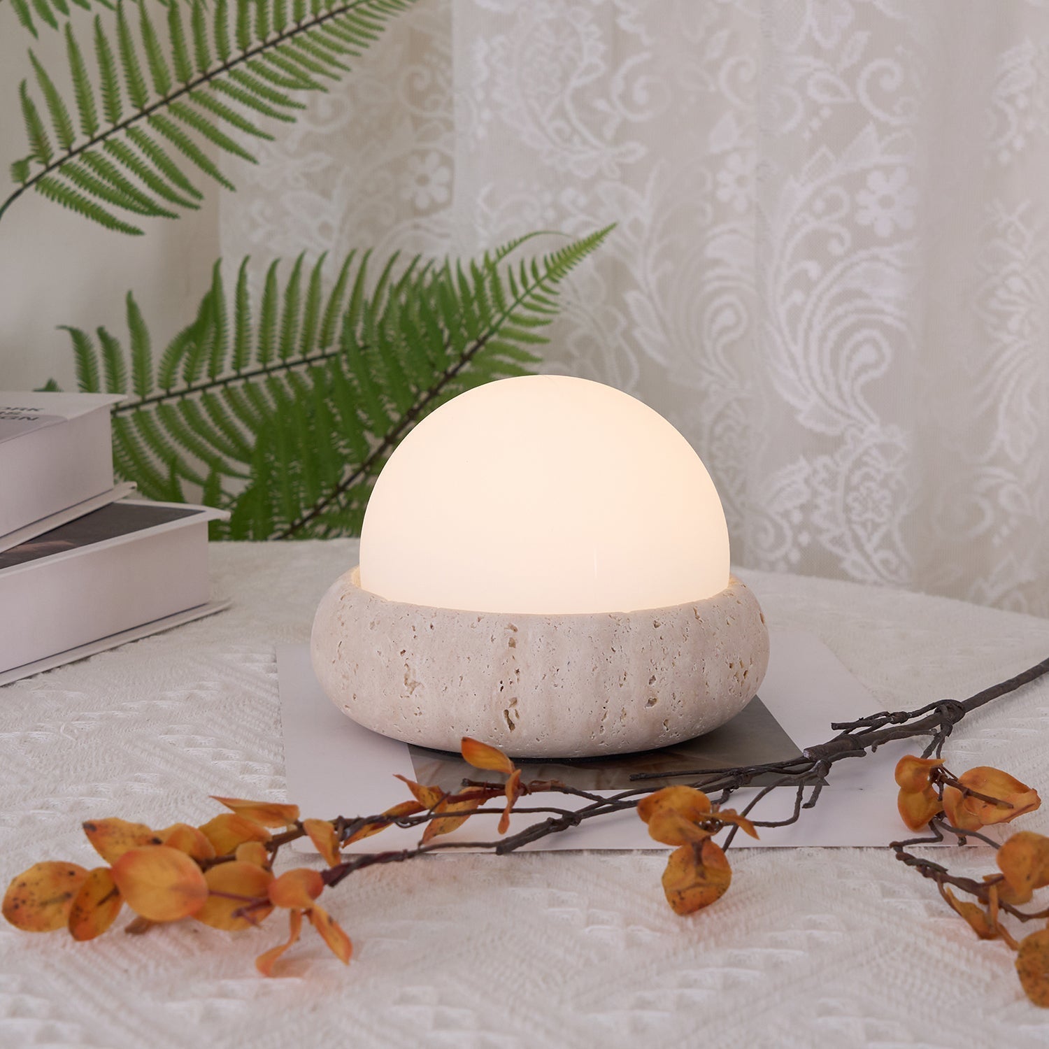 Travertine Base Table Lamp with Glass Globe Shade