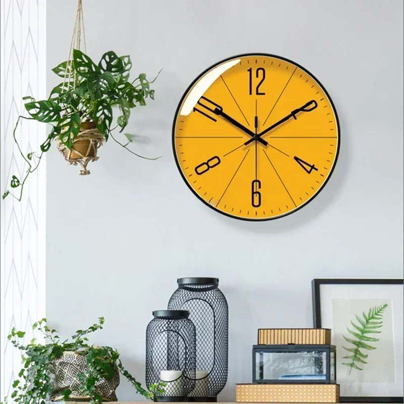 Round Wall Clock With Yellow Dial And Black Frame