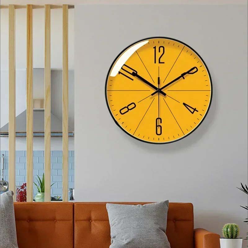 Round Wall Clock With Yellow Dial And Black Frame