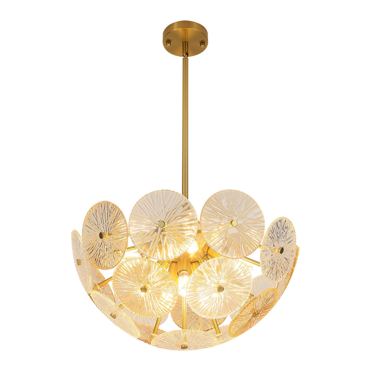 Moderne glazen kroonluchter met paardenbloemdesign en transparante amberkleurige kappen
