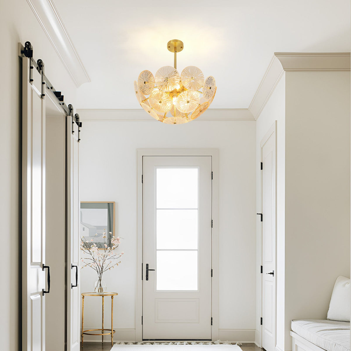 Moderne glazen kroonluchter met paardenbloemdesign en transparante amberkleurige kappen