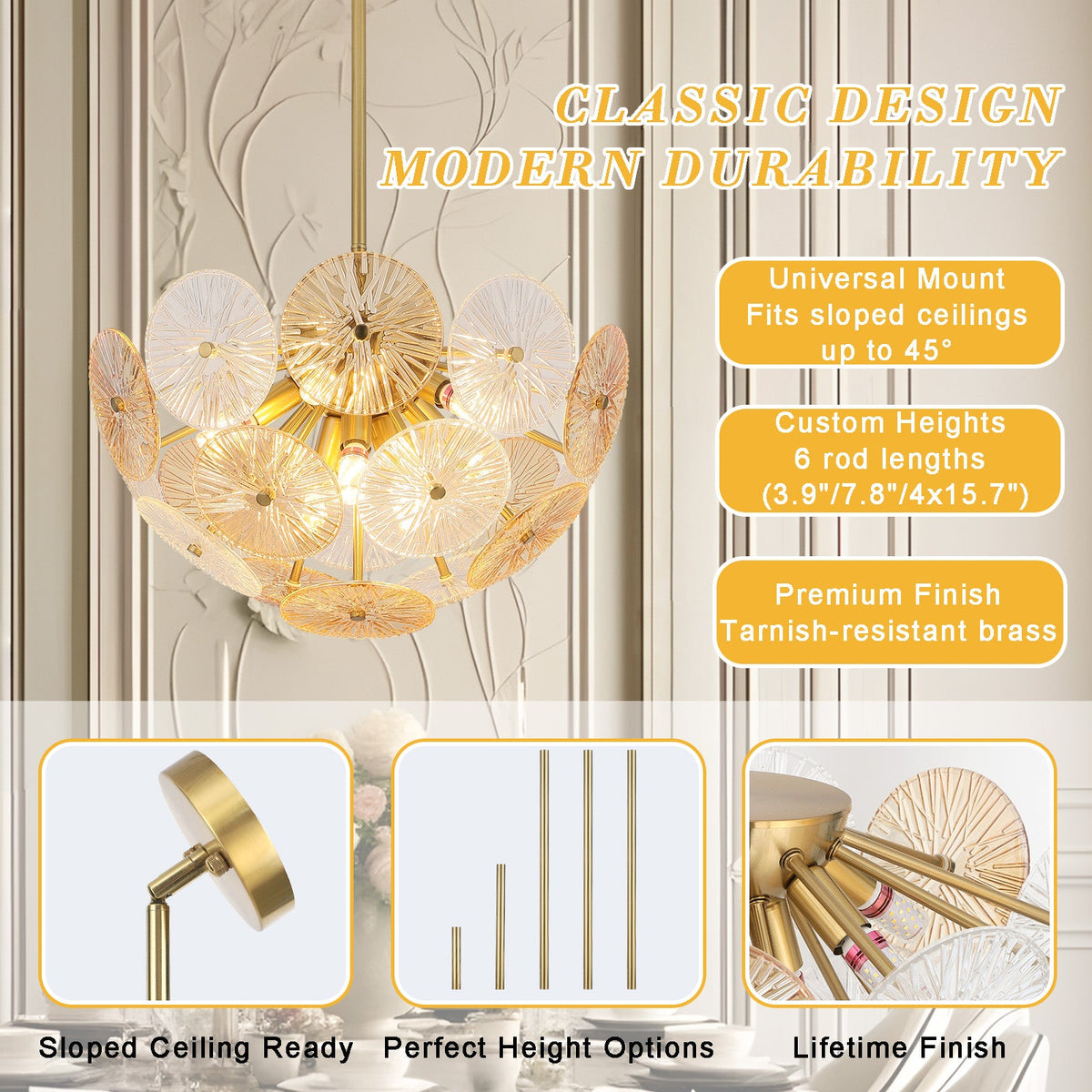 Moderne glazen kroonluchter met paardenbloemdesign en transparante amberkleurige kappen