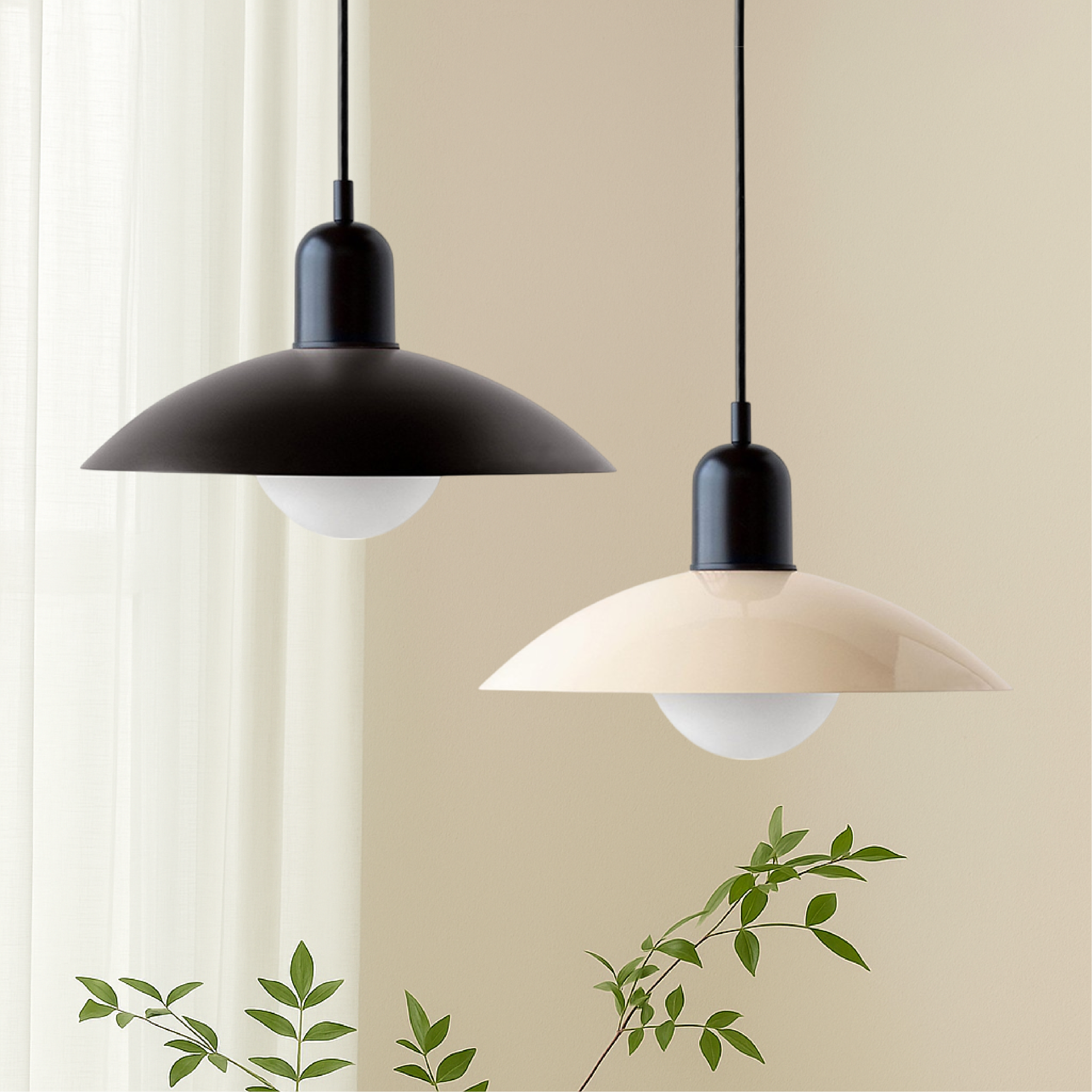 Hanging ceiling lamp with shallow curved metal shade