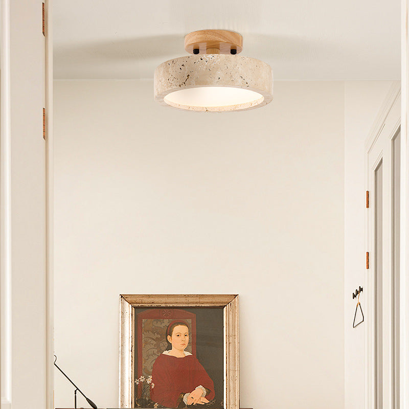 Round Travertine LED Ceiling Light with Wooden Mount