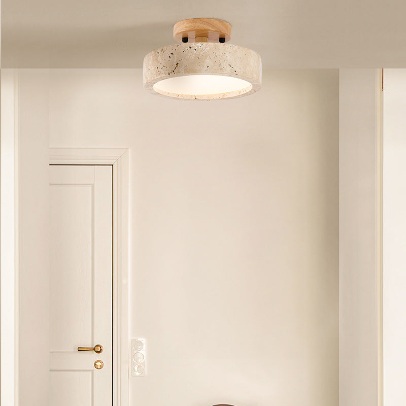 Round Travertine LED Ceiling Light with Wooden Mount