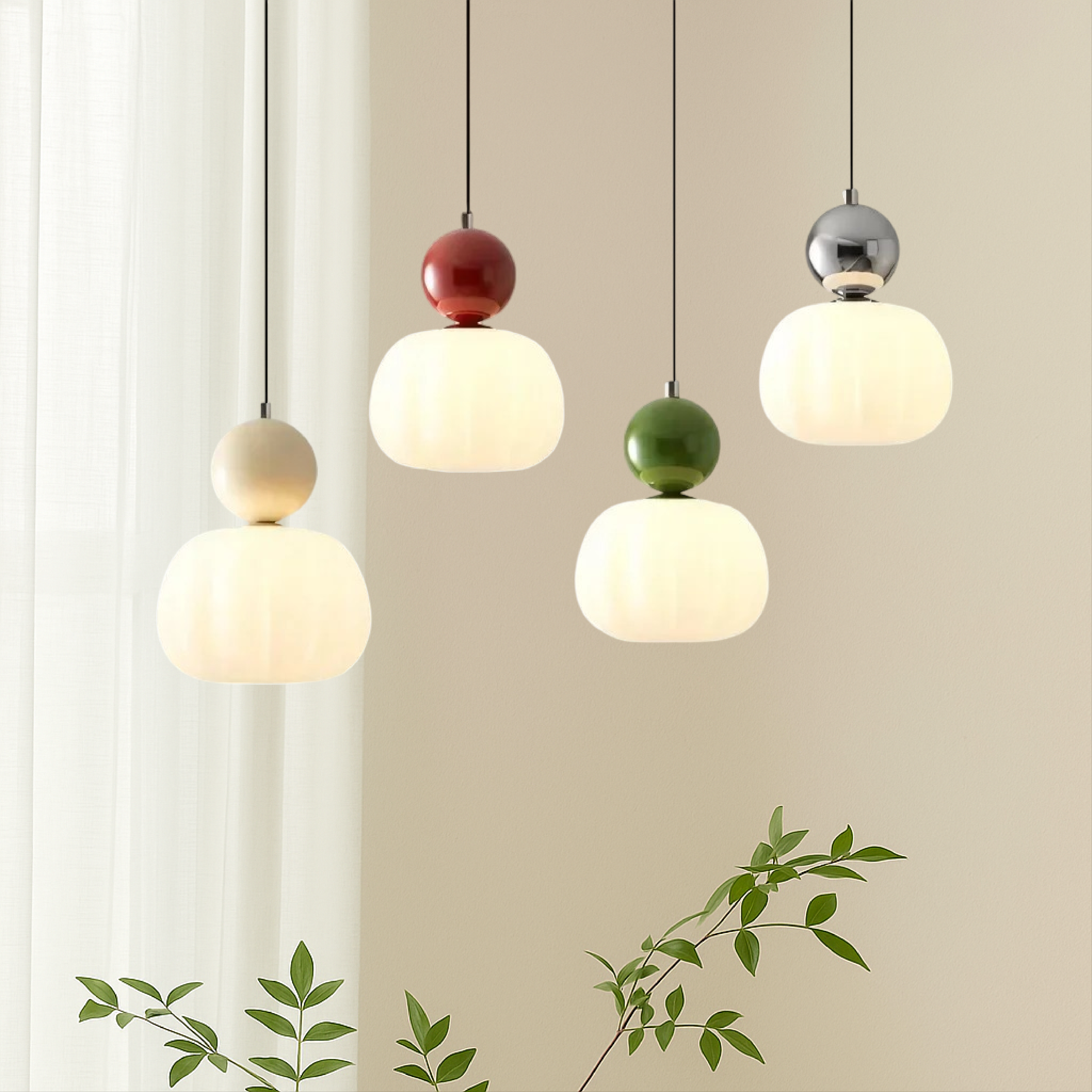 Opal glass pendant light with coloured sphere cap