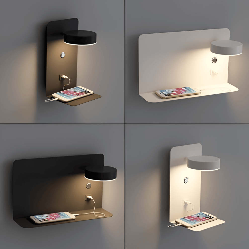 Modern Wall Reading Lamp with Shelf and Built In Charging Port