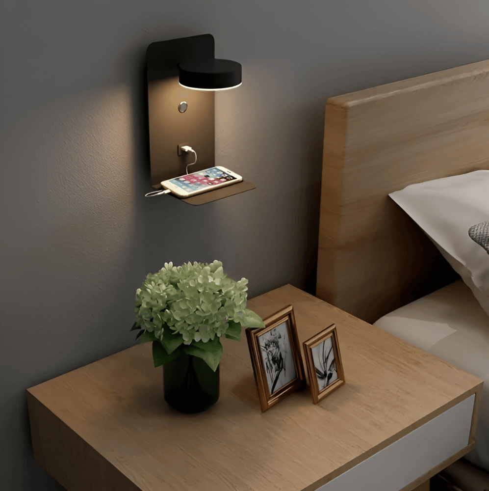Modern Wall Reading Lamp with Shelf and Built In Charging Port