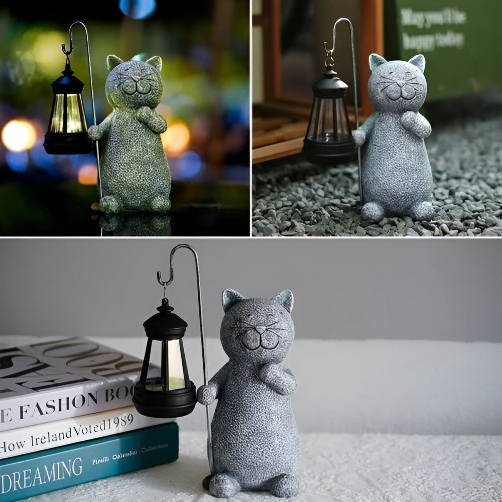 Cat Garden Statue with Solar Lantern Outdoor Decorative Light