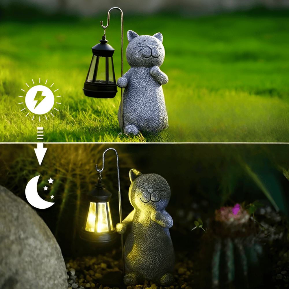 Cat Garden Statue with Solar Lantern Outdoor Decorative Light