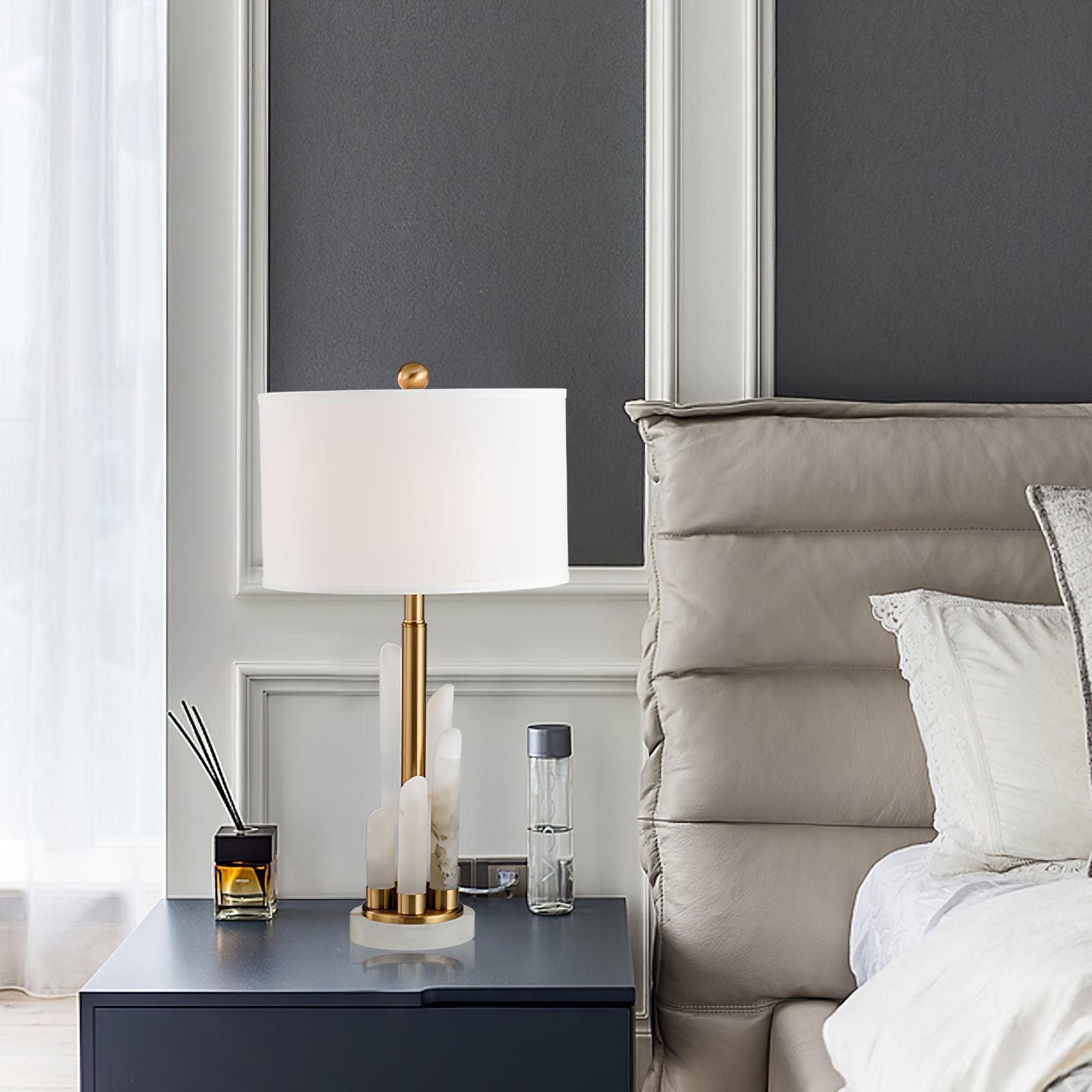 Alabaster Table Lamp with Cylindrical Fabric Shade