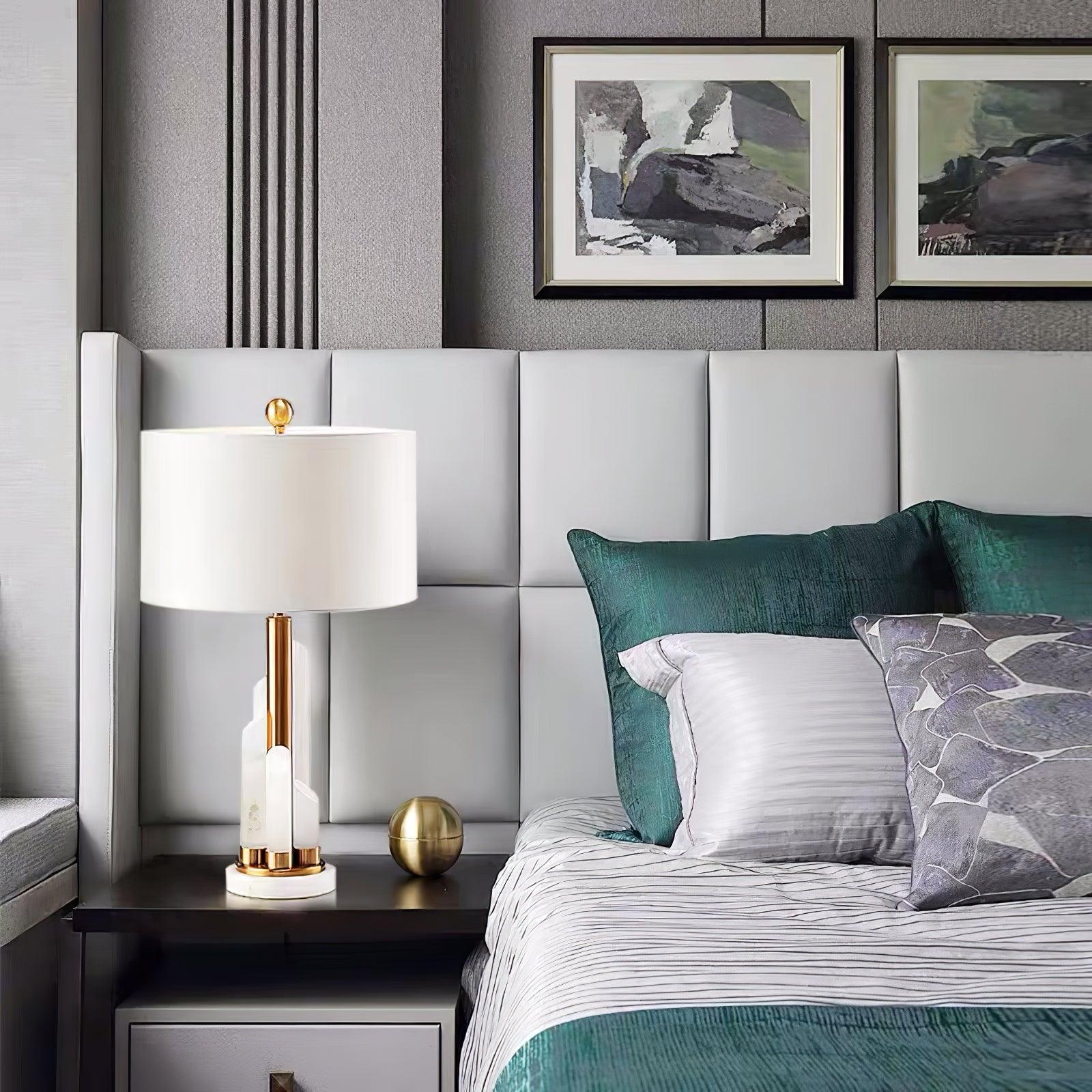 Alabaster Table Lamp with Cylindrical Fabric Shade