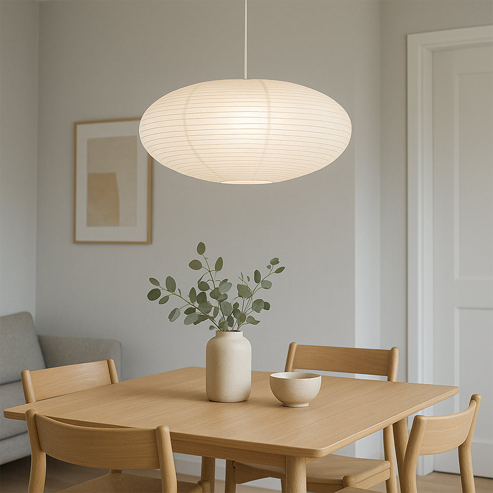 Oval paper pendant light with horizontal lined shade
