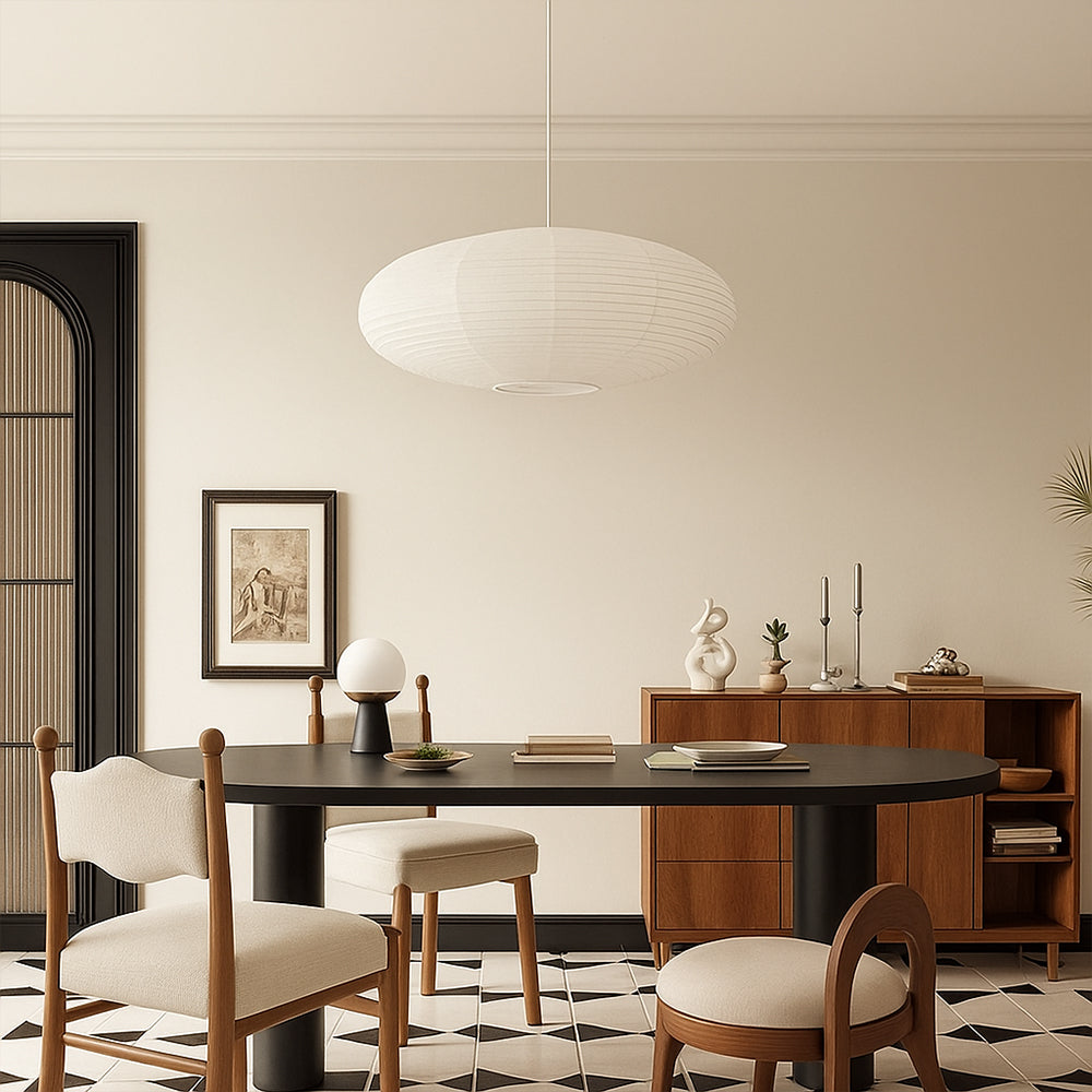 Oval paper pendant light with horizontal lined shade