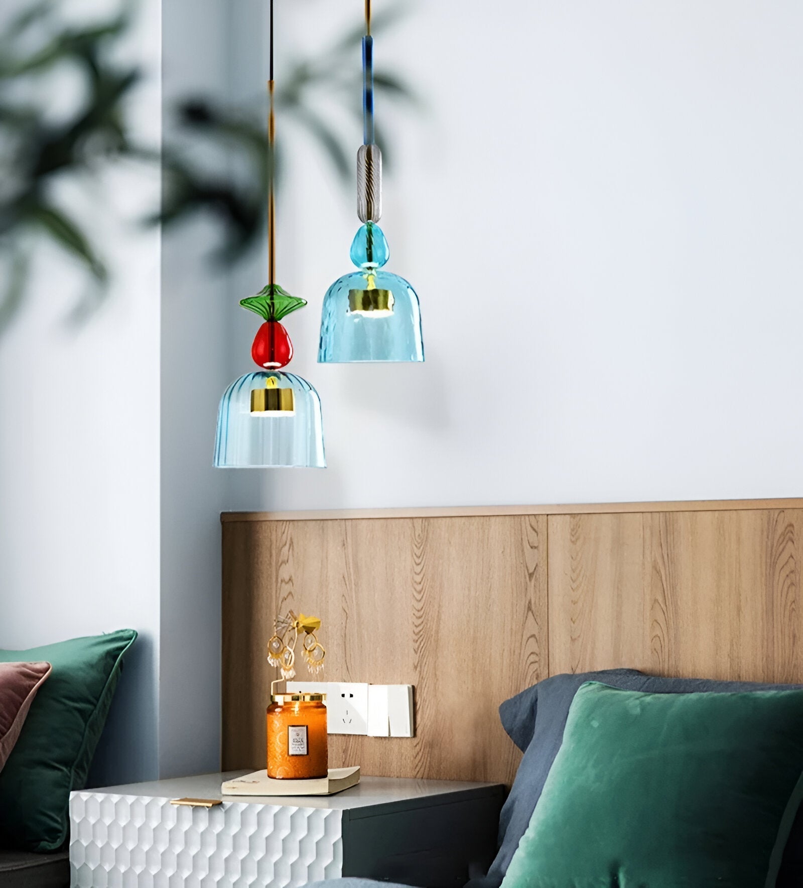 Pastel coloured glass pendant light with bell shade