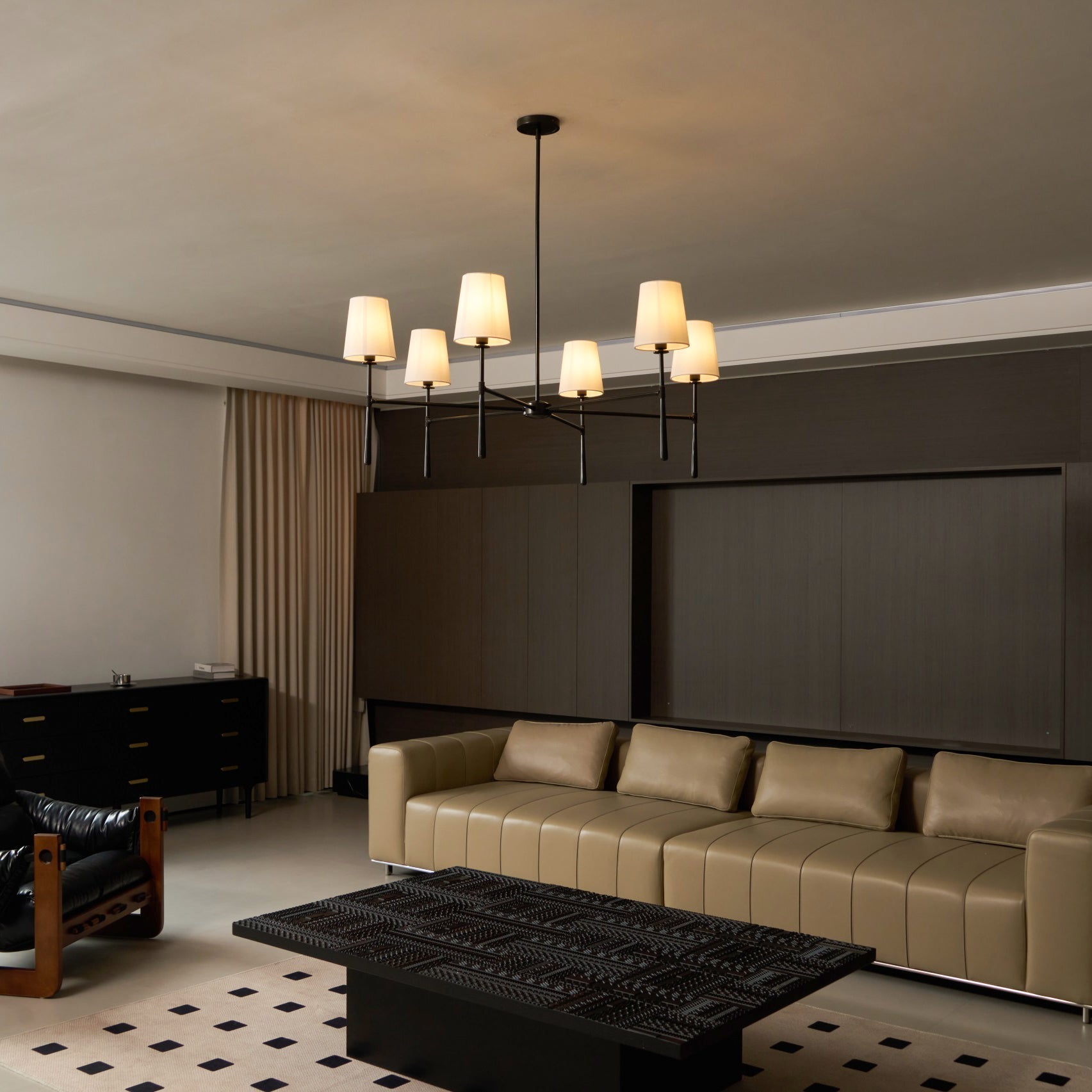 Vintage Chandelier with Fabric Shades and Metal Frame