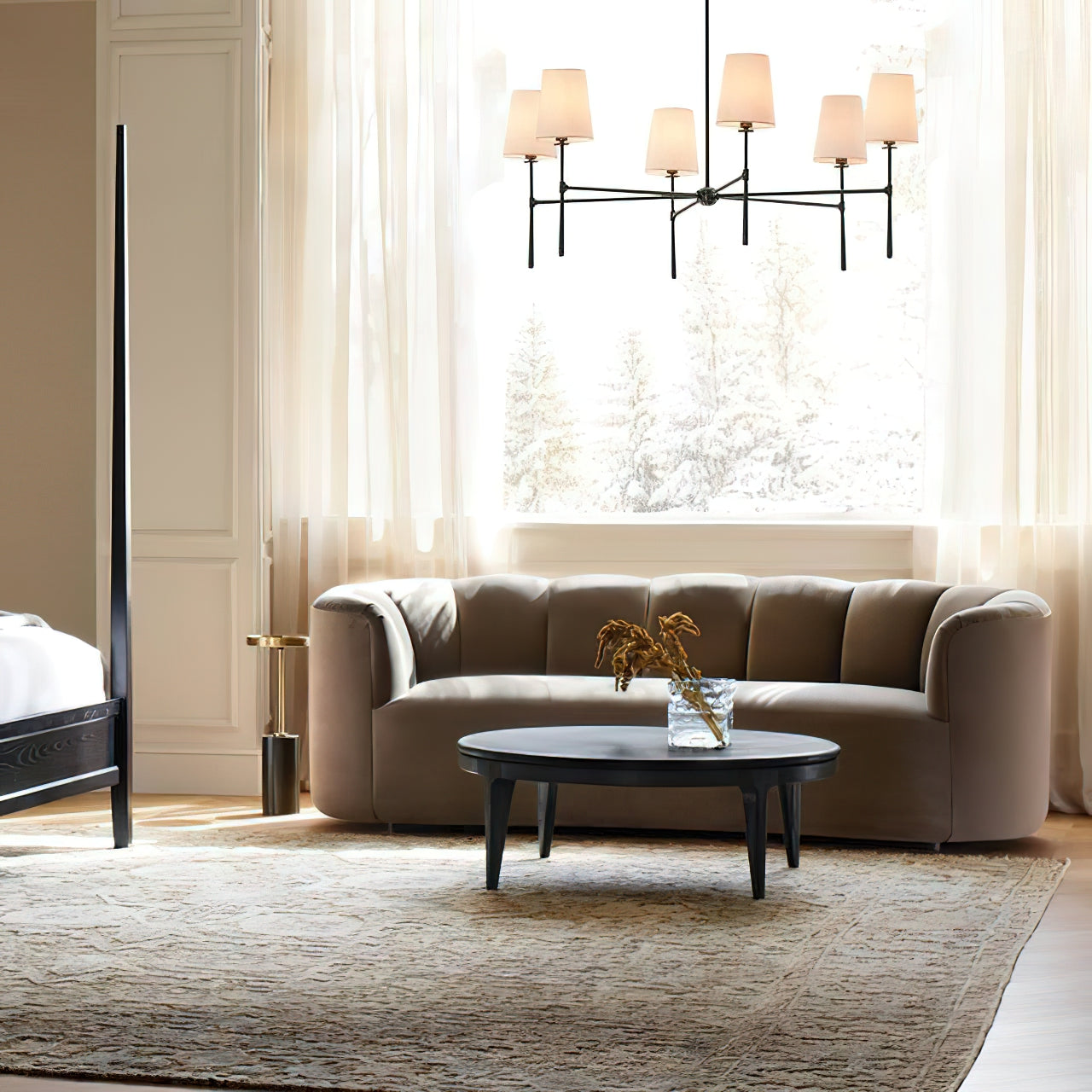 Vintage Chandelier with Fabric Shades and Metal Frame